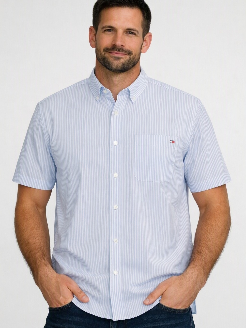 Tommy Hilfiger Shirt Button Down Blue Mens Large Short Sleeve Cotton NWT